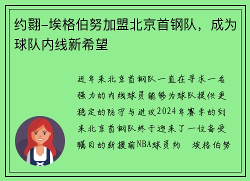 约翾-埃格伯努加盟北京首钢队，成为球队内线新希望